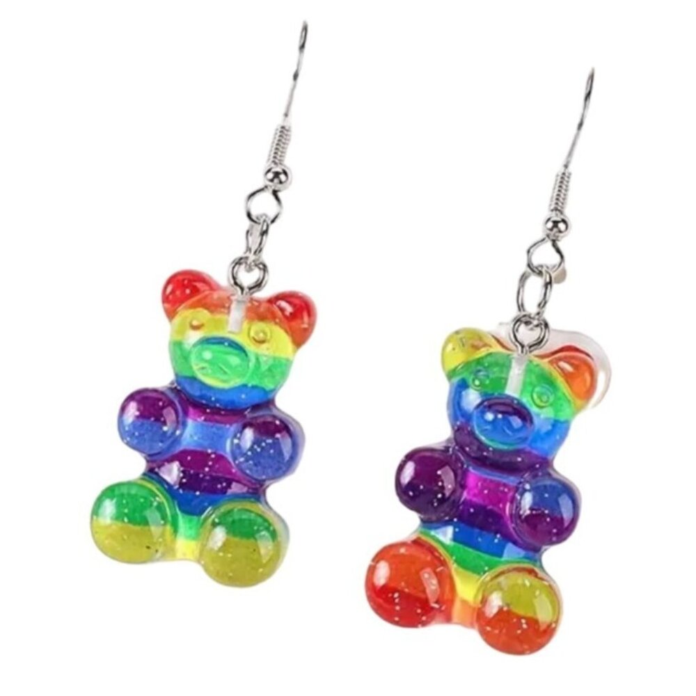 Rainbow Gummy Bear Dangle Earrings Cute & Colorful Acrylic
